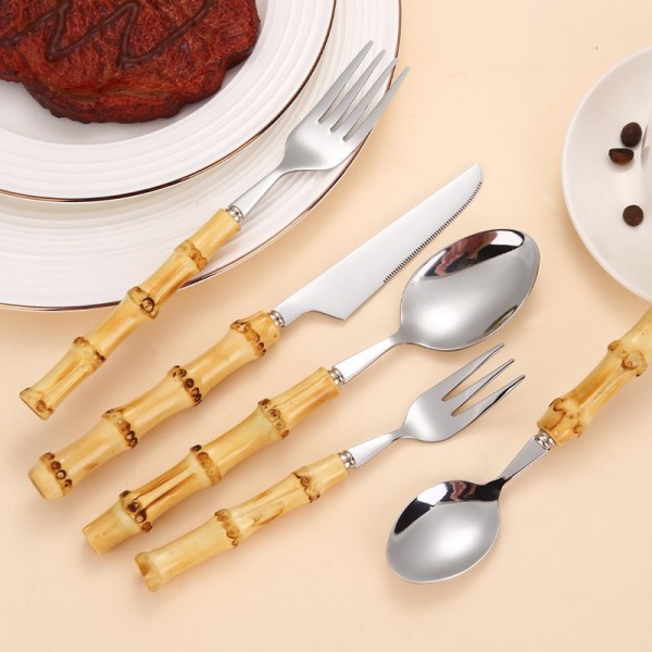 Bamboo Handle 410 Stainless Steel Cutlery Set Rustic Wood Handle Western Tableware for Diningimg-5
