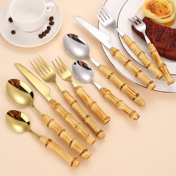 Bamboo Handle 410 Stainless Steel Cutlery Set Rustic Wood Handle Western Tableware for Diningimg-6