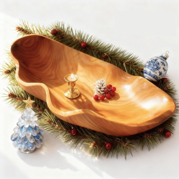 Hand-Carved Natural Wood Fruit Bowl Rustic Cedar Wooden Tray for Snacks & Home Decorimg-2