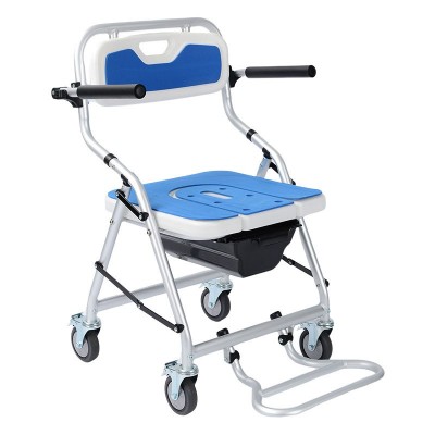 Foldable Wheeled Shower Commode Chair with Commode Bucket for Elderly & Disabled