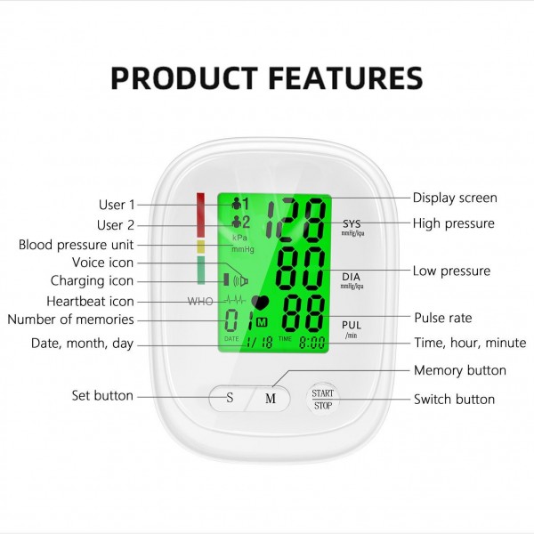 Portable upper arm automatic blood pressure monitor for daily home monitoring with English subtitlesimg-2