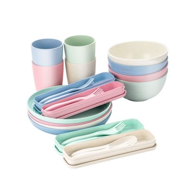 Lightweight Wheat Straw Bowl Plate Cup Set, BPA-Free Reusable Cutlery for Home & Picnic Use