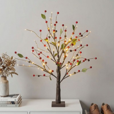 LED Lighted Christmas Tree with Red Berries, Tabletop Decor for Home, Holiday