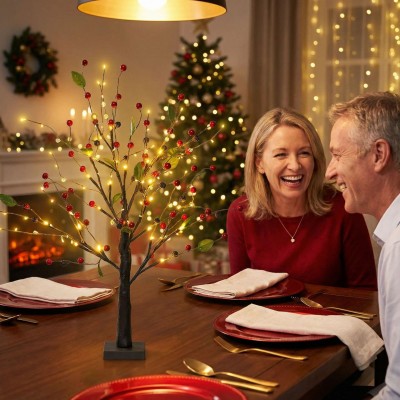 LED Lighted Christmas Tree with Red Berries, Tabletop Decor for Home, Holiday