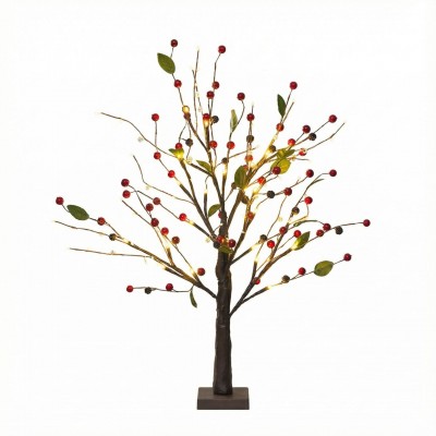 LED Lighted Christmas Tree with Red Berries, Tabletop Decor for Home, Holiday