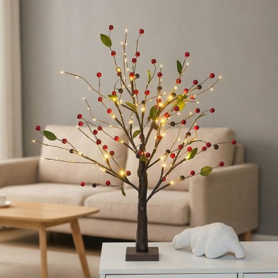 LED Lighted Christmas Tree with Red Berries, Tabletop Decor for Home, Holiday