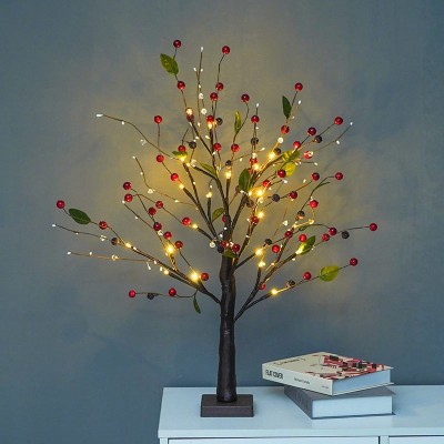 LED Lighted Christmas Tree with Red Berries, Tabletop Decor for Home, Holiday