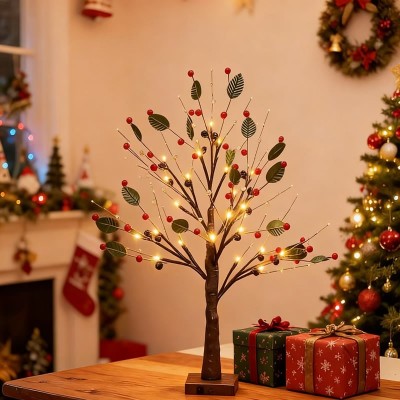 LED Lighted Christmas Tree with Red Berries, Tabletop Decor for Home, Holiday