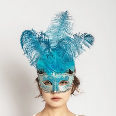 Sparkling Blue Feather Mask, Half-Face Venetian Costume for Carnival, Ball