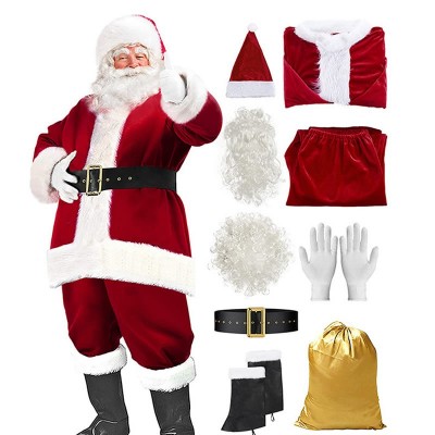 Men's Santa Claus Costume Set, Velvet Santa Suit with Beard for Christmas Party