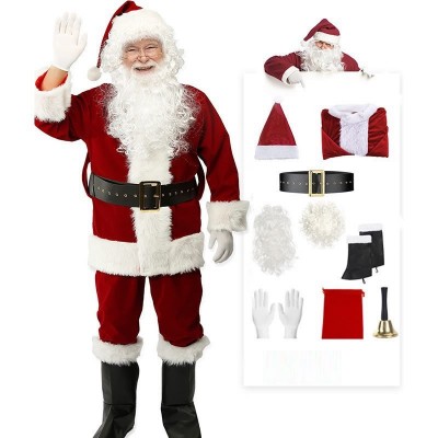 Men's Santa Claus Costume Set, Velvet Santa Suit with Beard for Christmas Party