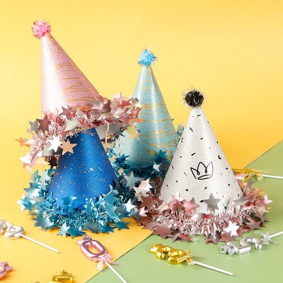 Cute Cone Birthday Hats with Pom Pom, Star Decor for Kids, Adult Party