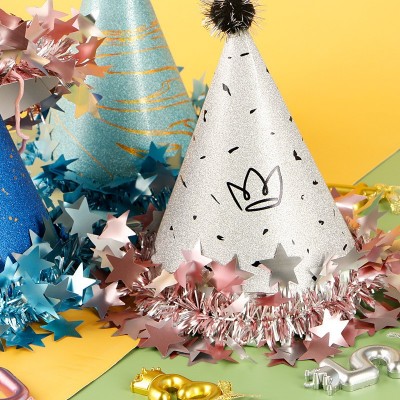 Cute Cone Birthday Hats with Pom Pom, Star Decor for Kids, Adult Party