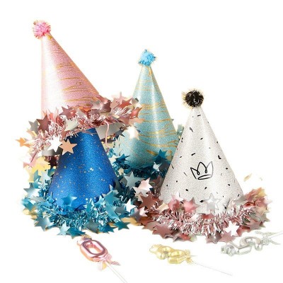 Cute Cone Birthday Hats with Pom Pom, Star Decor for Kids, Adult Party