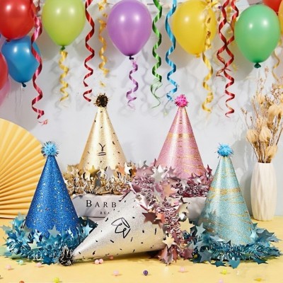 Cute Cone Birthday Hats with Pom Pom, Star Decor for Kids, Adult Party