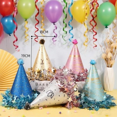 Cute Cone Birthday Hats with Pom Pom, Star Decor for Kids, Adult Party