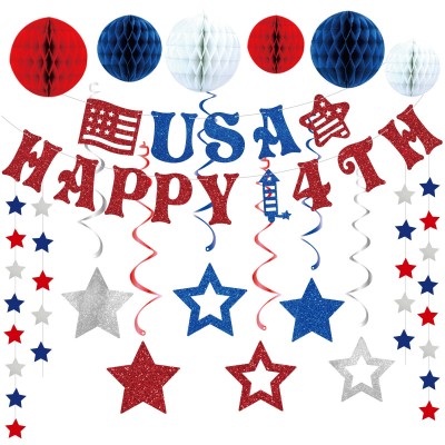 Independence Day Party Decoration Set, USA Banner Honeycomb Swirls for Celebration