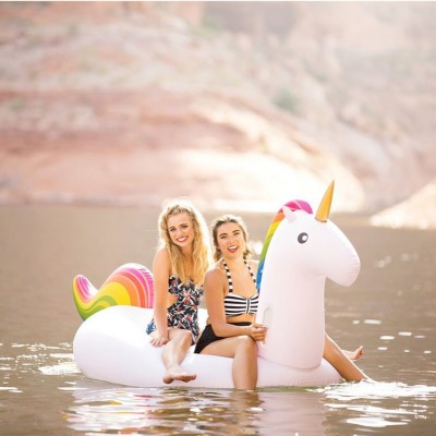 Giant White Unicorn Pool Float Rainbow Pegasus Inflatable Ride-On for Pool & Beach