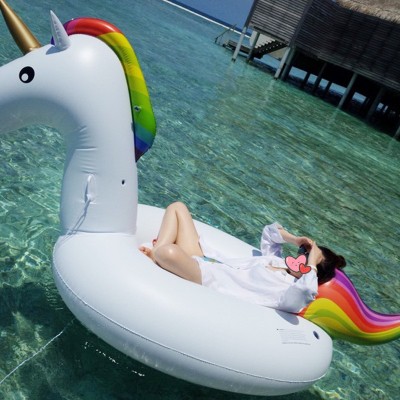 Giant White Unicorn Pool Float Rainbow Pegasus Inflatable Ride-On for Pool & Beach