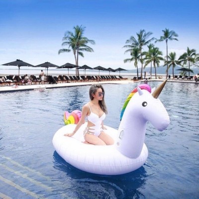 Giant White Unicorn Pool Float Rainbow Pegasus Inflatable Ride-On for Pool & Beach