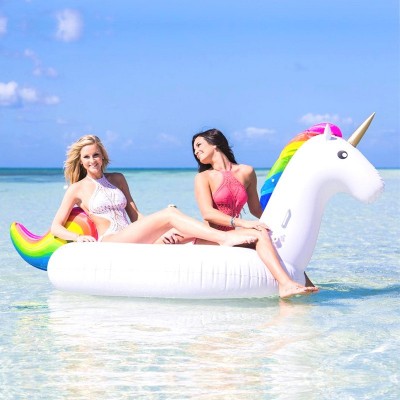 Giant White Unicorn Pool Float Rainbow Pegasus Inflatable Ride-On for Pool & Beach