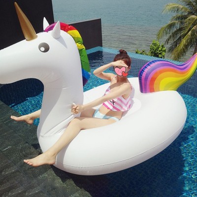 Giant White Unicorn Pool Float Rainbow Pegasus Inflatable Ride-On for Pool & Beach