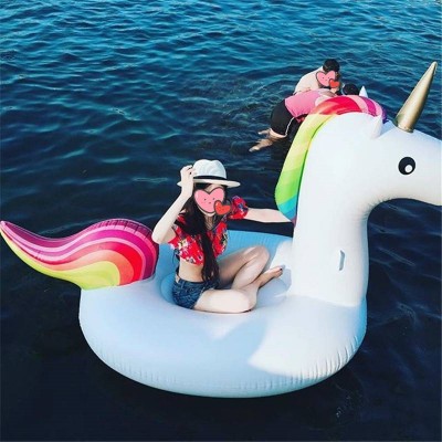 Giant White Unicorn Pool Float Rainbow Pegasus Inflatable Ride-On for Pool & Beach